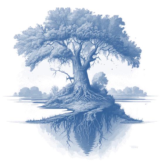 The Pondering Tree: a blue ink tree with deep roots on a small island