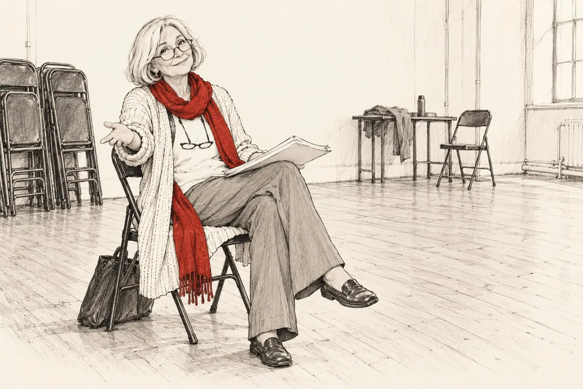 Sketch of Hester, the director, sitting on a folding chair in a rehearsal room with a script on her knee.
